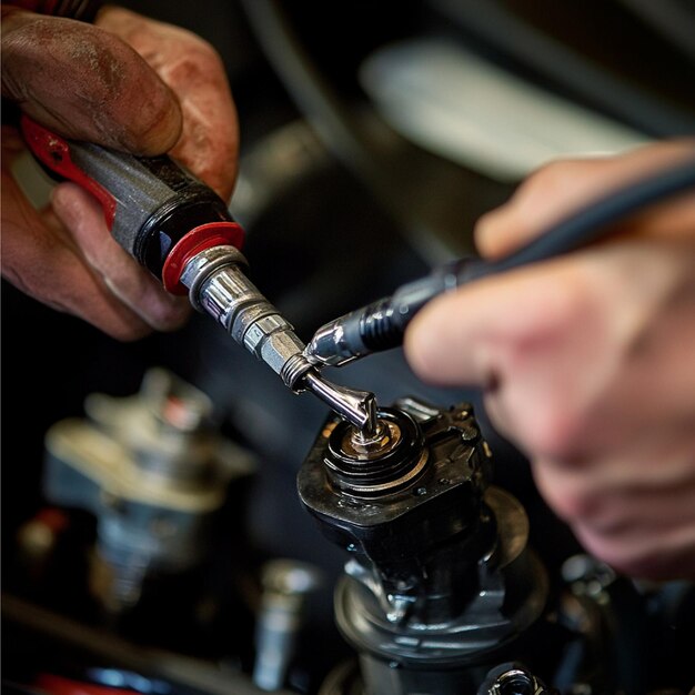 mechanic-checking-refilling-power-steering-fluid-with-focus-reservoir